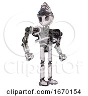 Poster, Art Print Of Robot Containing Grey Alien Style Head And Black Eyes And Alien Bug Creature Hat And Heavy Upper Chest And No Chest Plating And Ultralight Foot Exosuit White Halftone Toon Hero Pose