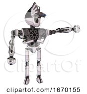 Poster, Art Print Of Robot Containing Grey Alien Style Head And Black Eyes And Alien Bug Creature Hat And Heavy Upper Chest And No Chest Plating And Ultralight Foot Exosuit White Halftone Toon