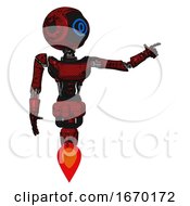 Poster, Art Print Of Mech Containing Digital Display Head And Large Eye And Light Chest Exoshielding And Ultralight Chest Exosuit And Jet Propulsion Grunge Dots Dark Red Pointing Left Or Pushing A Button