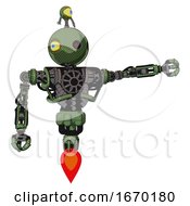 Poster, Art Print Of Bot Containing Oval Wide Head And Small Red Led Eyes And Minibot Ornament And Heavy Upper Chest And No Chest Plating And Jet Propulsion Grass Green Pointing Left Or Pushing A Button