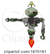 Poster, Art Print Of Bot Containing Oval Wide Head And Small Red Led Eyes And Minibot Ornament And Heavy Upper Chest And No Chest Plating And Jet Propulsion Grass Green Arm Out Holding Invisible Object