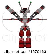 Poster, Art Print Of Android Containing Dual Retro Camera Head And Shrimp Head And Light Chest Exoshielding And Minigun Back Assembly And No Chest Plating And Light Leg Exoshielding Red Blood Grunge Material T-Pose