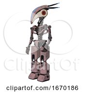 Robot Containing Bird Skull Head And Red Led Circle Eyes And Head Shield Design And Light Chest Exoshielding And No Chest Plating And Prototype Exoplate Legs Powder Pink Metal Facing Right View