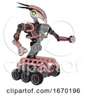 Poster, Art Print Of Mech Containing Bird Skull Head And Green Eyes And Head Shield Design And Heavy Upper Chest And No Chest Plating And Six-Wheeler Base Toon Pink Tint Interacting