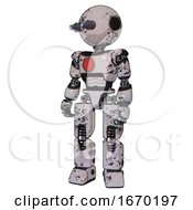 Poster, Art Print Of Mech Containing Oval Wide Head And Telescopic Steampunk Eyes And Light Chest Exoshielding And Red Chest Button And Prototype Exoplate Legs Grunge Sketch Dots Standing Looking Right Restful Pose