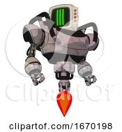Poster, Art Print Of Droid Containing Old Computer Monitor And Three Lines Pixel Design And Red Buttons And Heavy Upper Chest And Jet Propulsion Gray Metal Hero Pose
