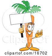 Clipart Picture Of An Orange Carrot Mascot Cartoon Character Waving A Blank White Advertisement Sign by Toons4Biz