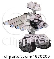 Poster, Art Print Of Automaton Containing Techno Multi-Eyed Domehead Design And Light Chest Exoshielding And Cable Sash And Cherub Wings Design And Tank Tracks White Halftone Toon Facing Left View