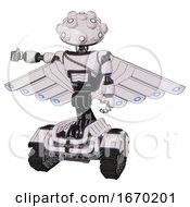 Poster, Art Print Of Automaton Containing Techno Multi-Eyed Domehead Design And Light Chest Exoshielding And Cable Sash And Cherub Wings Design And Tank Tracks White Halftone Toon Arm Out Holding Invisible Object