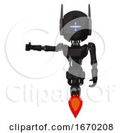 Poster, Art Print Of Cyborg Containing Round Head And Vertical Cyclops Visor And Head Winglets And Light Chest Exoshielding And Ultralight Chest Exosuit And Jet Propulsion Dirty Black Arm Out Holding Invisible Object