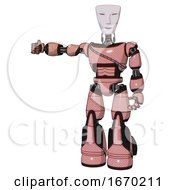 Poster, Art Print Of Android Containing Humanoid Face Mask And Light Chest Exoshielding And Cable Sash And Light Leg Exoshielding And Stomper Foot Mod Toon Pink Tint Arm Out Holding Invisible Object