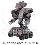 Poster, Art Print Of Automaton Containing Techno Multi-Eyed Domehead Design And Heavy Upper Chest And Heavy Mech Chest And Barbed Wire Chest Armor Cage And Six-Wheeler Base Dark Sketch Lines Facing Right View