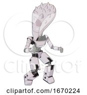 Poster, Art Print Of Bot Containing Flat Elongated Skull Head And Spikes And Light Chest Exoshielding And Ultralight Chest Exosuit And Prototype Exoplate Legs White Halftone Toon Fight Or Defense Pose
