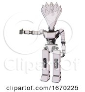 Poster, Art Print Of Bot Containing Flat Elongated Skull Head And Spikes And Light Chest Exoshielding And Ultralight Chest Exosuit And Prototype Exoplate Legs White Halftone Toon Arm Out Holding Invisible Object