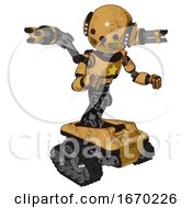 Poster, Art Print Of Automaton Containing Round Head And Head Light Gadgets And Light Chest Exoshielding And Yellow Star And Minigun Back Assembly And Tank Tracks And Cat Face Construction Yellow Halftone