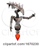 Poster, Art Print Of Android Containing Flat Elongated Skull Head And Spikes And Light Chest Exoshielding And Ultralight Chest Exosuit And Jet Propulsion Khaki Halftone Pointing Left Or Pushing A Button