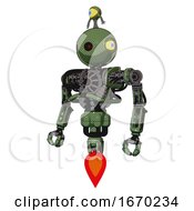 Poster, Art Print Of Bot Containing Oval Wide Head And Small Red Led Eyes And Minibot Ornament And Heavy Upper Chest And No Chest Plating And Jet Propulsion Grass Green Standing Looking Right Restful Pose