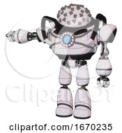 Poster, Art Print Of Robot Containing Metal Cubes Dome Head Design And Heavy Upper Chest And Chest Blue Energy Core And Light Leg Exoshielding White Halftone Toon Arm Out Holding Invisible Object