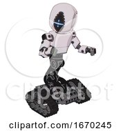 Poster, Art Print Of Droid Containing Round Head And Vertical Cyclops Visor And Light Chest Exoshielding And Prototype Exoplate Chest And Tank Tracks White Halftone Toon Fight Or Defense Pose