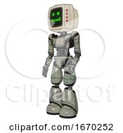 Poster, Art Print Of Robot Containing Old Computer Monitor And Happy Pixel Face And Red Buttons And Light Chest Exoshielding And Ultralight Chest Exosuit And Light Leg Exoshielding Green Metal Facing Right View