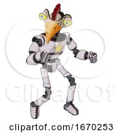 Poster, Art Print Of Robot Containing Bird Skull Head And Big Yellow Eyes And Chicken Design And Light Chest Exoshielding And Yellow Star And Ultralight Foot Exosuit White Halftone Toon Fight Or Defense Pose