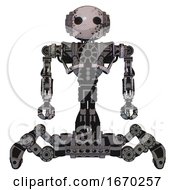 Automaton Containing Oval Wide Head And Steampunk Iron Bands With Bolts And Heavy Upper Chest And No Chest Plating And Insect Walker Legs Grunge Sketch Dots Front View