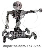Poster, Art Print Of Automaton Containing Oval Wide Head And Steampunk Iron Bands With Bolts And Heavy Upper Chest And No Chest Plating And Insect Walker Legs Grunge Sketch Dots Pointing Left Or Pushing A Button