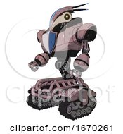 Poster, Art Print Of Mech Containing Bird Skull Head And Yellow Led Protruding Eyes And Head Shield Design And Heavy Upper Chest And Blue Shield Defense Design And Tank Tracks Grayish Pink Facing Right View