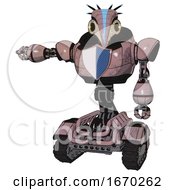 Poster, Art Print Of Mech Containing Bird Skull Head And Yellow Led Protruding Eyes And Head Shield Design And Heavy Upper Chest And Blue Shield Defense Design And Tank Tracks Grayish Pink