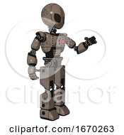 Poster, Art Print Of Robot Containing Grey Alien Style Head And Black Eyes And Light Chest Exoshielding And Red Energy Core And Prototype Exoplate Legs Patent Khaki Metal Interacting