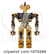 Poster, Art Print Of Cyborg Containing Bird Skull Head And Brass Steampunk Eyes And Chicken Design And Heavy Upper Chest And No Chest Plating And Prototype Exoplate Legs Worn Construction Yellow Front View