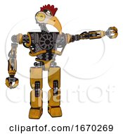 Cyborg Containing Bird Skull Head And Brass Steampunk Eyes And Chicken Design And Heavy Upper Chest And No Chest Plating And Prototype Exoplate Legs Worn Construction Yellow