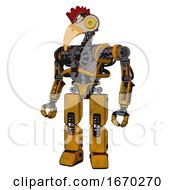 Poster, Art Print Of Cyborg Containing Bird Skull Head And Brass Steampunk Eyes And Chicken Design And Heavy Upper Chest And No Chest Plating And Prototype Exoplate Legs Worn Construction Yellow