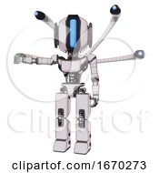 Poster, Art Print Of Bot Containing Round Head And Large Vertical Visor And Light Chest Exoshielding And Ultralight Chest Exosuit And Blue-Eye Cam Cable Tentacles And Prototype Exoplate Legs White Halftone Toon