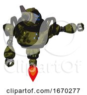 Bot Containing Digital Display Head And Angry Face And Winglets And Heavy Upper Chest And Triangle Of Blue Leds And Jet Propulsion Grunge Army Green Pointing Left Or Pushing A Button