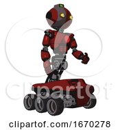 Poster, Art Print Of Android Containing Oval Wide Head And Yellow Eyes And Green Led Ornament And Light Chest Exoshielding And Red Chest Button And Six-Wheeler Base Matted Red Facing Left View