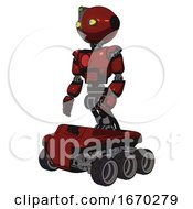 Poster, Art Print Of Android Containing Oval Wide Head And Yellow Eyes And Green Led Ornament And Light Chest Exoshielding And Red Chest Button And Six-Wheeler Base Matted Red Facing Right View