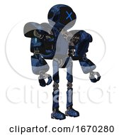 Poster, Art Print Of Robot Containing Digital Display Head And X Face And Heavy Upper Chest And Heavy Mech Chest And Ultralight Foot Exosuit Grunge Dark Blue Facing Left View