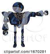 Poster, Art Print Of Robot Containing Digital Display Head And X Face And Heavy Upper Chest And Heavy Mech Chest And Ultralight Foot Exosuit Grunge Dark Blue Pointing Left Or Pushing A Button