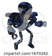 Poster, Art Print Of Robot Containing Digital Display Head And X Face And Heavy Upper Chest And Heavy Mech Chest And Ultralight Foot Exosuit Grunge Dark Blue Fight Or Defense Pose