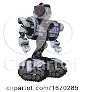 Poster, Art Print Of Automaton Containing Green Dot Eye Corn Row Plastic Hair And Heavy Upper Chest And Heavy Mech Chest And Barbed Wire Chest Armor Cage And Tank Tracks Blue Tint Toon Hero Pose