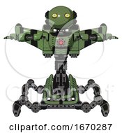 Poster, Art Print Of Robot Containing Oval Wide Head And Yellow Eyes And Light Chest Exoshielding And Red Energy Core And Stellar Jet Wing Rocket Pack And Insect Walker Legs Grass Green T-Pose