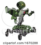 Poster, Art Print Of Robot Containing Oval Wide Head And Yellow Eyes And Light Chest Exoshielding And Red Energy Core And Stellar Jet Wing Rocket Pack And Insect Walker Legs Grass Green Interacting