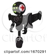 Poster, Art Print Of Android Containing Round Head And Green Eyes Array And First Aid Emblem And Light Chest Exoshielding And Chest Valve Crank And Stellar Jet Wing Rocket Pack And Unicycle Wheel