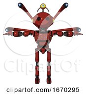 Poster, Art Print Of Bot Containing Oval Wide Head And Minibot Ornament And Light Chest Exoshielding And Chest Green Blue Lights Array And Blue-Eye Cam Cable Tentacles And Ultralight Foot Exosuit Cherry Tomato Red