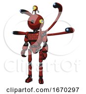 Poster, Art Print Of Bot Containing Oval Wide Head And Minibot Ornament And Light Chest Exoshielding And Chest Green Blue Lights Array And Blue-Eye Cam Cable Tentacles And Ultralight Foot Exosuit Cherry Tomato Red