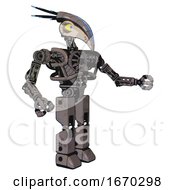 Poster, Art Print Of Android Containing Bird Skull Head And Big Yellow Eyes And Head Shield Design And Heavy Upper Chest And No Chest Plating And Prototype Exoplate Legs Light Pink Beige Interacting
