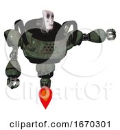 Poster, Art Print Of Robot Containing Humanoid Face Mask And Skeleton War Paint And Heavy Upper Chest And Jet Propulsion Old Corroded Copper Pointing Left Or Pushing A Button