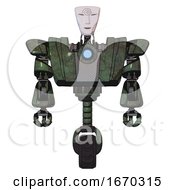 Poster, Art Print Of Droid Containing Humanoid Face Mask And Spiral Design And Heavy Upper Chest And Heavy Mech Chest And Blue Energy Fission Element Chest And Unicycle Wheel Old Corroded Copper Front View