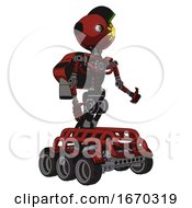 Poster, Art Print Of Android Containing Oval Wide Head And Sunshine Patch Eye And Techno Mohawk And Light Chest Exoshielding And Rocket Pack And No Chest Plating And Six-Wheeler Base Cherry Tomato Red Facing Left View